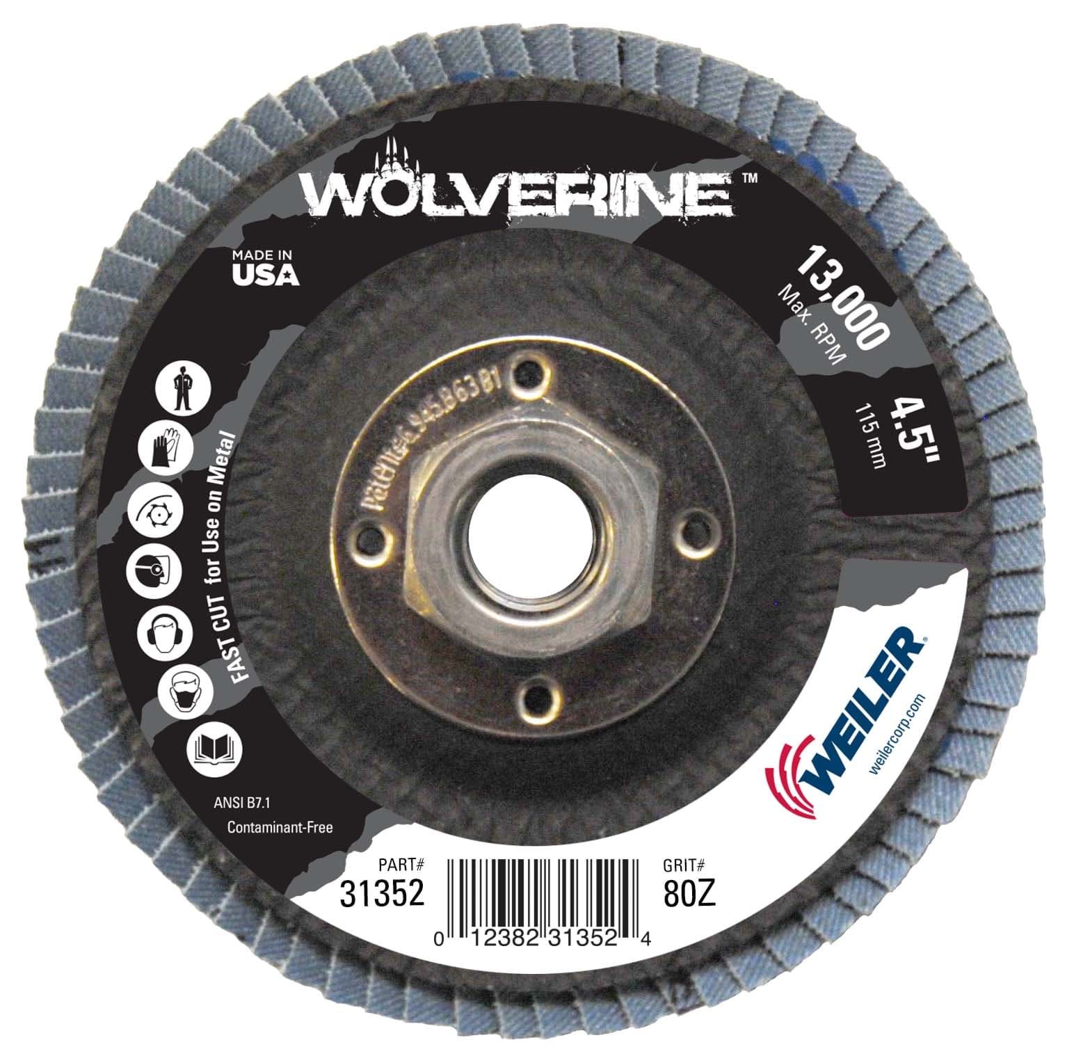 Picture of 4-1/2" Wolverine Abrasive Flap Disc, Conical (TY29), Phenolic Backing, 80Z, 5/8"-11 UNC Nut